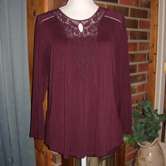 Daniel Rainn Salina Crochet Detail Knit Top Keyhole Swiss Dot Yoke L - Picture 1 of 3